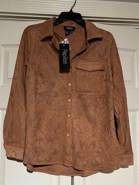 Papillion faux suede button front shirt jacket with pointelle design Rust Size S